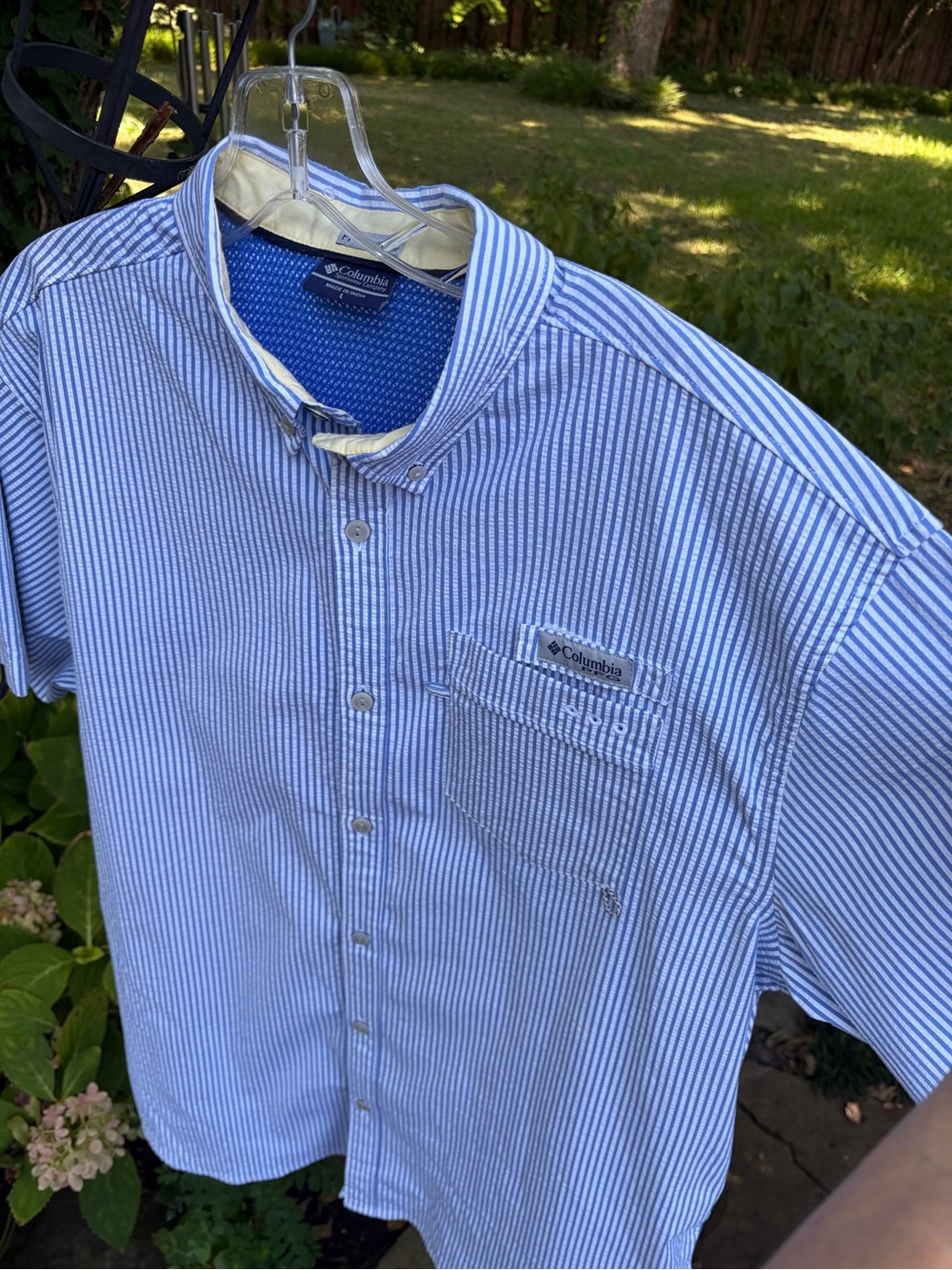 Columbia Men’s PFG Light Blue and White Striped Short Sleeve Button-Down Shirt